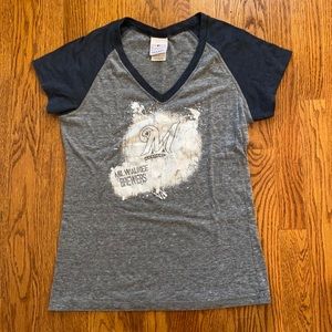 Milwaukee Brewers grey v-neck contrast navy blue sleeve spray paint MLB baseball